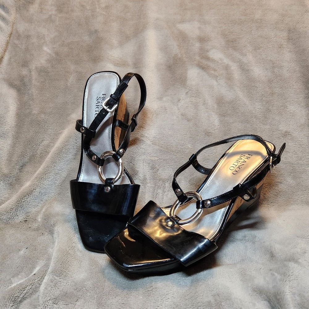 Franco Sarto Womens Cork Wedge Sandals Black Sz 9